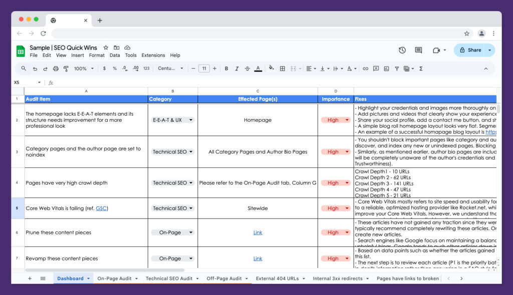 Sample-SEO-Quick-Wins-Google-Sheets